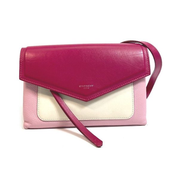 AUTH GIVENCHY flap duet Pochette Crossbody Shoulder Bag Leather Pink x White - Picture 1 of 12